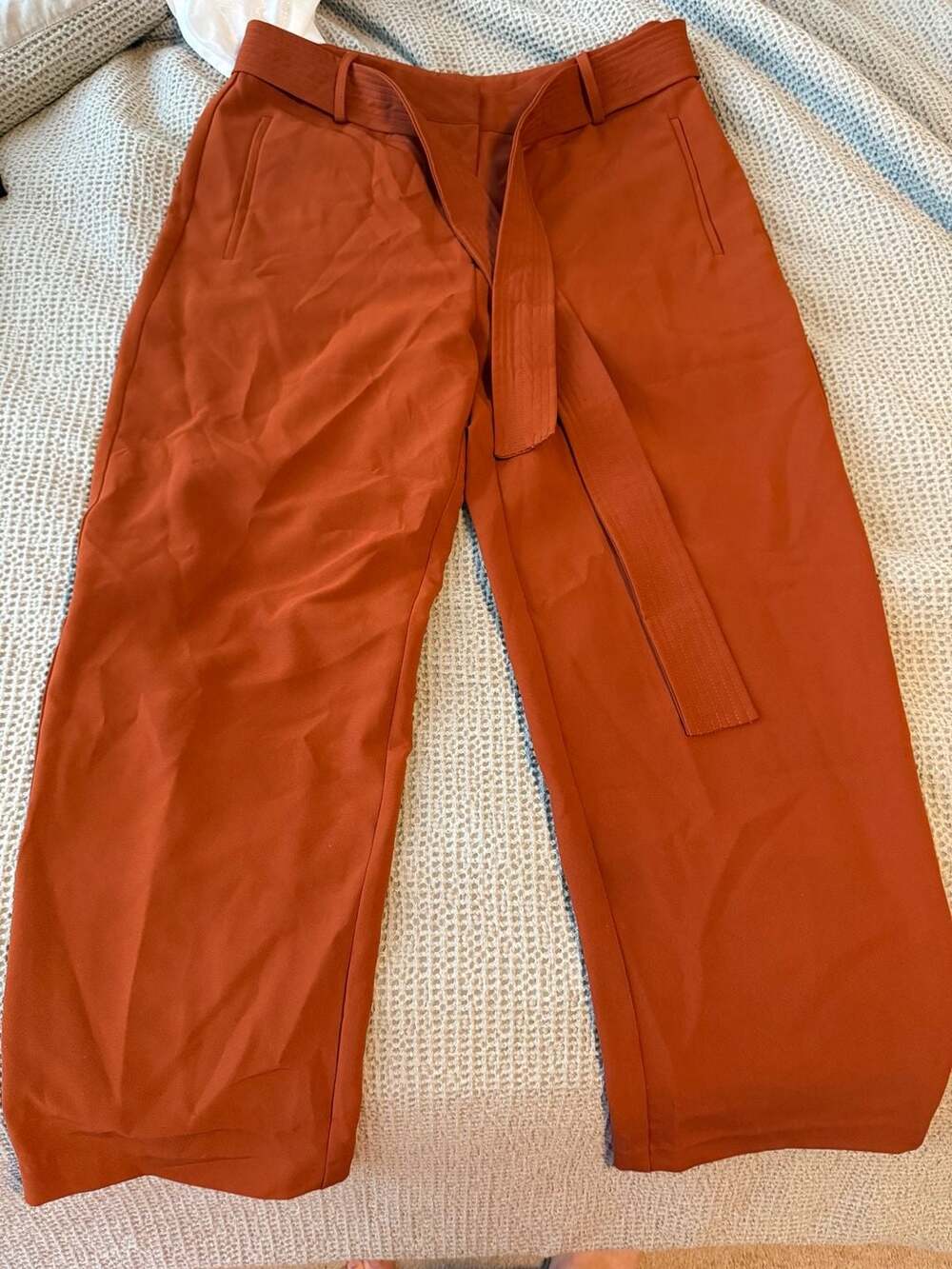 Alaya Tie-Belt Wide Leg Pants Size L Rust Orange High Waist Trousers